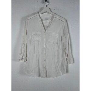 Charter Club Womens White Cut-Out Roll Tab Sleeve Button Up Shirt Top Medium